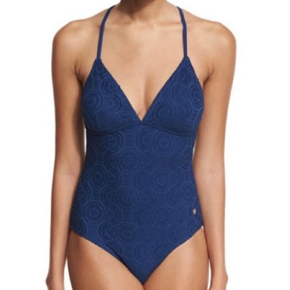 Southern Tide Summerset Mesh Crochet One Piece Swimsuit in Yacht Blue Size XS